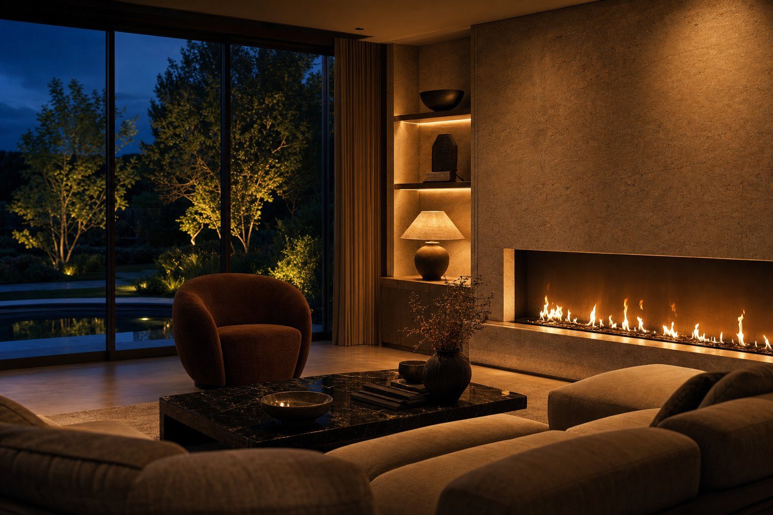 A long linear gas fire glowing in a warm, contemporary living room at dusk, with a lit garden beyond floor-to-ceiling glass