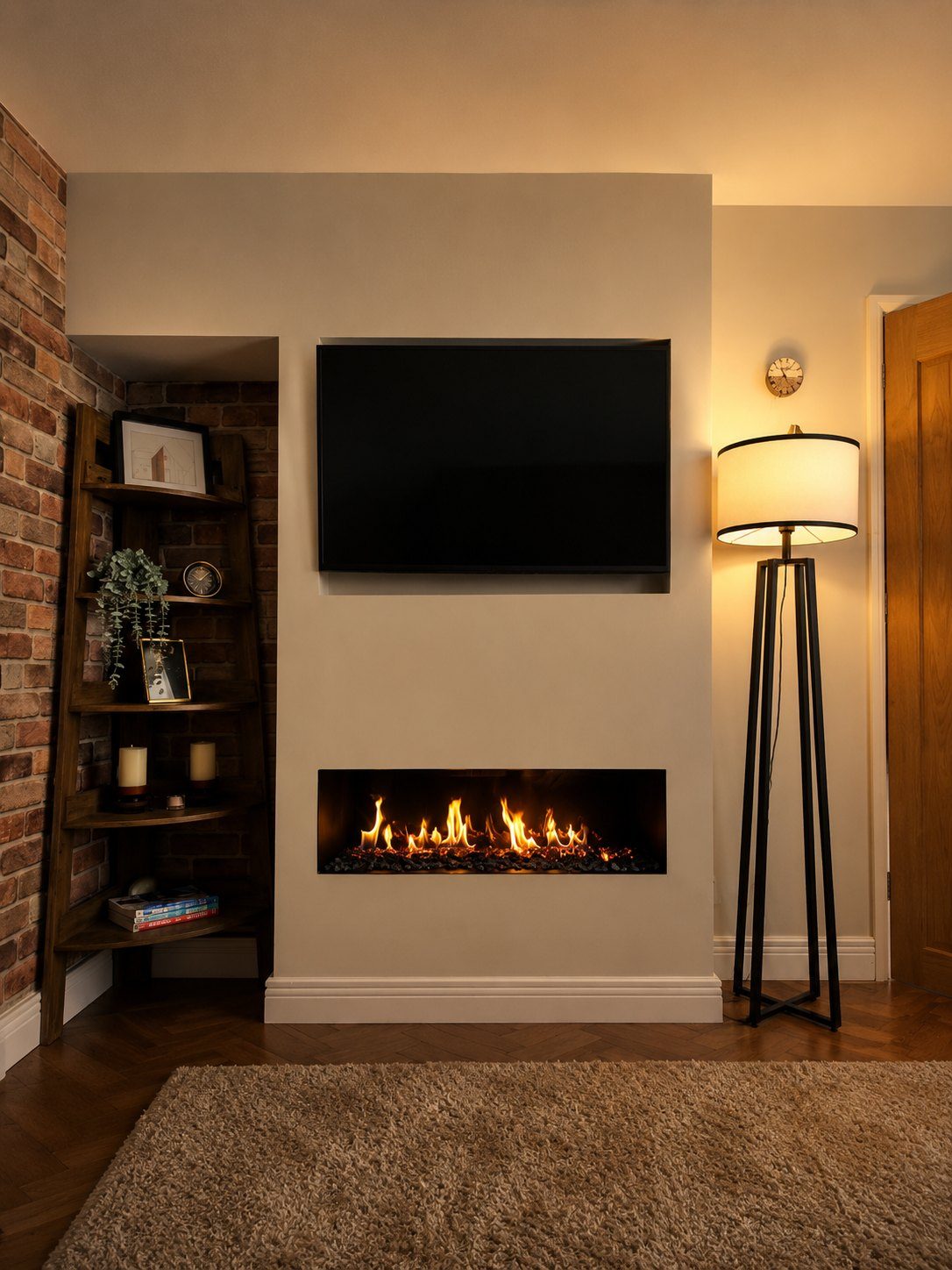 A media wall combining a television and a fire in a dark feature wall